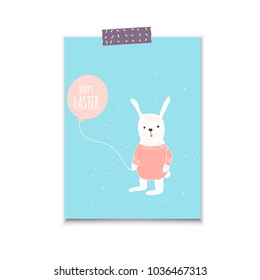Easter banner background, template with cute banny, rabbit and text, hand drawn illustration. Modern postcard or invitation for holliday.