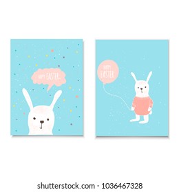 Easter banner background, template with cute banny, rabbit and text, hand drawn illustration. Modern postcard or invitation for holliday.