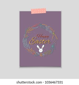 Easter banner background, template with cute banny, rabbit and text, hand drawn illustration. Modern postcard or invitation for holliday.