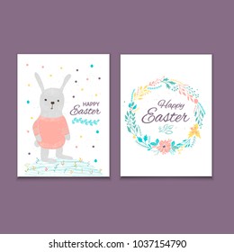 Easter banner background, template with cute banny, rabbit and text, hand drawn illustration. Modern postcard or invitation for holliday.