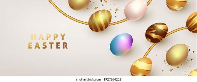 Easter banner background template with luxury premium golden eggs.