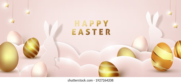 Easter banner background template with luxury premium golden eggs.