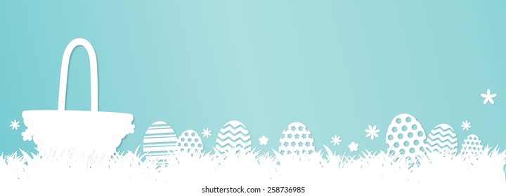 Easter Banner -  Basket, Cute Easter Eggs, Grass and flowers, copy space with nice drop shadows and grass