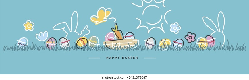 Easter banner. Easter basket with eggs and carrot handwritten bunnies, eggs, flowers, grass on sea green background. Easter egg hunt colorful greeting card