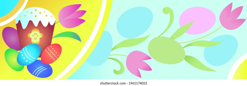 Easter banner, billboard or flyer with Easter cupcake and bright eggs.A place for your text.