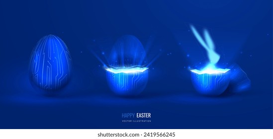 Easter banner with the birth of a bunny with eggs in digital style. Vector illustration of Easter background in technology style - evolution and startup concept