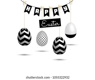 Easter banner with black and white 3d eggs. Vector design.