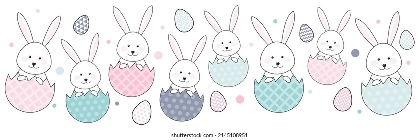 Easter banner with bunnies and colourful eggs. Vector