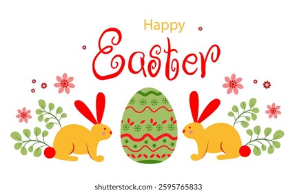 Easter banner with bunnies, eggs and flowers on a white background. Greeting Card
