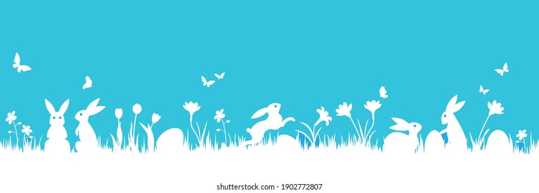 Easter banner with  Easter bunnies, flowers, butterflies and eggs on a meadow. Panoramic vector illustration, white silhouette under blue sky.