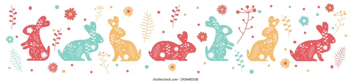 Easter banner with bunnies and flowers. Vector