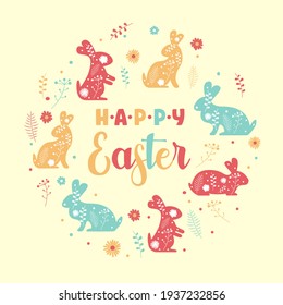 Cartel de Pascua con conejitos y flores. Vector