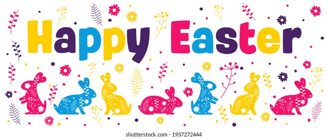 Easter banner with bunnies and flowers. Vector illustration