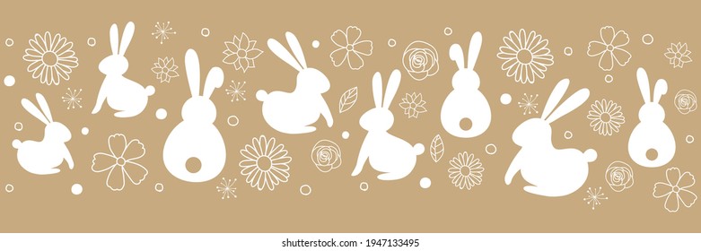 Cartel de Pascua con conejitos y flores. Vector