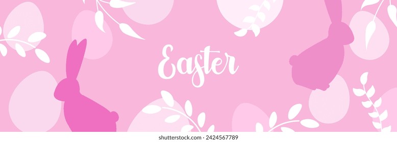 Easter banner. Easter bunnies. Easter pink banner icon. Flat style. Vector illustration