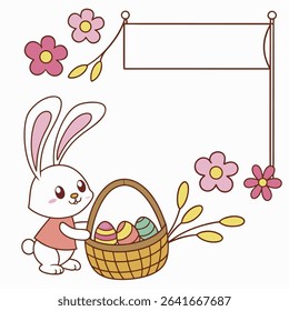 Easter banner with a bunny and a basket of painted colorful eggs isolated on transparent background. Happy Easter banner for advertisement, header, easter rabbit, egg, and spring flowers, copy space