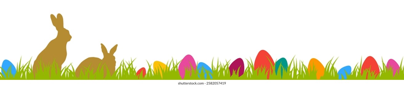 Easter banner, bunny border, colorful eggs on the grass