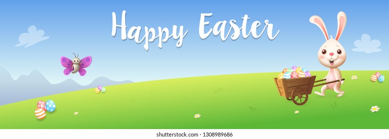 Easter banner - bunny and butterfly with carrying cart hunting eggs - spring landscape background