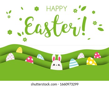 Easter banner with bunny and egg hunt. Easter design in paper style