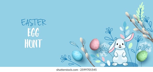 Easter banner with bunny, eggs, flowers and willow branches