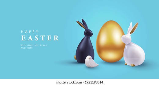 Easter banner, card, holiday cover, poster or flyer design in 3d realistic style with golden egg, white and black rabbit on blue background. Modern design for social media, sale, advertisement, web