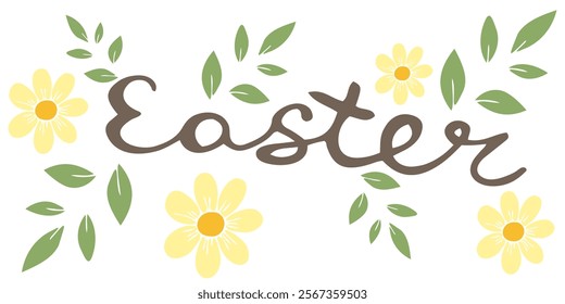 Easter banner for cards, signs, design. The inscription Easter with flowers in a minimalist style in pastel colors