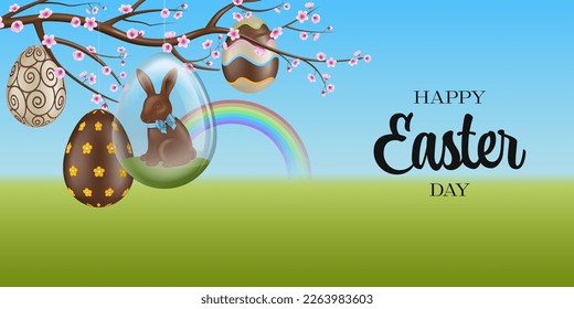 easter banner with chocolate eggs and chocolate rabbit in a glass egg. easter banner with chocolate eggs on spring background