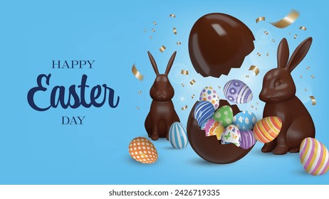 easter banner with chocolate rabbits and colorful eggs. easter background with eggs in a hatched chocolate egg