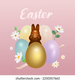 Easter banner with chocolate rabbits, Spring flowers and beautiful painted eggs.. Concept of Easter egg hunt or egg decorating art.