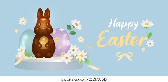 Easter banner with chocolate rabbits, Spring flowers and beautiful painted eggs. Concept of Easter egg hunt or egg decorating art.