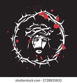 Osterbanner mit christlich-katholischem Thema auf dem Leichentuch mit einem Porträt, in dem Jesus Christus in einer Dornenkrone mit Tropfen und Blutflecken geweint wird. Religiöse Abbildung, Logo. Grunge T-Shirt-Design. Keine Ahnung