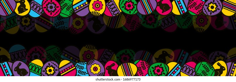 Easter banner with color eggs with flowers, leafs and rabbit. Easter Day holiday design. Horizontal background, headers, posters, cards, website. Vector illustration.