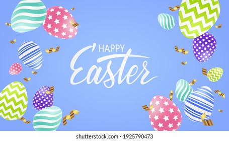 Easter banner with colored 3D realistic eggs and golden realistic shine confetti on blue background. Festive template with inscription Happy Easter for flyers, greeting cards. Vector illustration