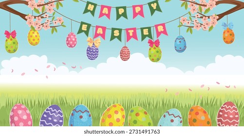 Easter banner. Colored eggs hang on strings and lie hidden in the grass. Happy Easter.