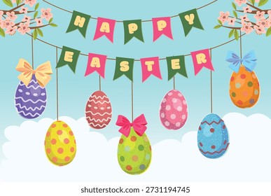 Easter banner. Colored eggs hanging on strings. Happy Easter.