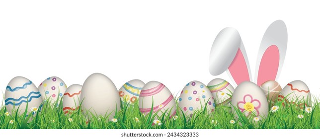 Banner de Pascua con huevos de Pascua de colores y orejas de liebre en la hierba verde. Archivo vectorial Eps 10.