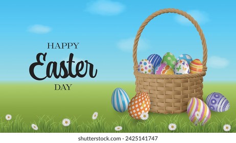 banner de pascua con huevos de colores en una cesta
