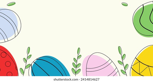 Easter banner with colorful eggs. Flat minimalistic vector illustration. Lineart modern style. Template for greeting card.