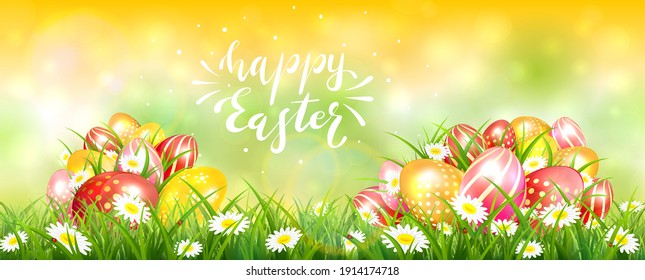 Easter banner with colorful eggs in the grass with flowers. Lettering Happy Easter on yellow sky background. Spring nature. Illustration can be used for holiday design and greeting card.