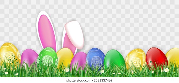 Easter banner with colorful eggs, grass, flowers, bunny ears and copy space for your text or photo. Vector illustration.