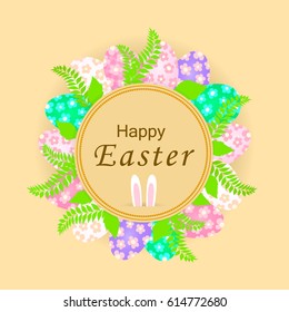 Easter banner with colorful eggs, green leaves and rabbit ears