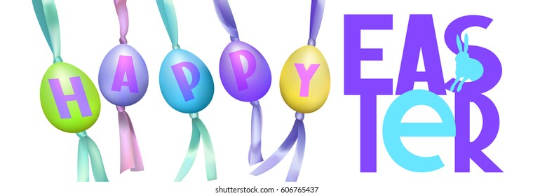 Easter banner with colorful eggs hanging on silk ribbons. Vector illustration