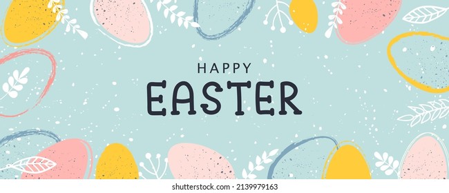 Easter banner with colorful eggs. leaves, flowers and dots. Horizontal rectangular banner for website, greeting card. Vector illustration