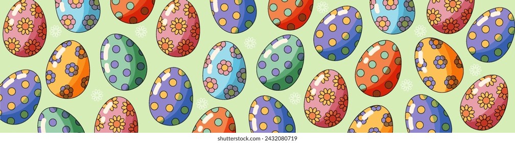 Banner de Pascua con huevos de colores. Fondo de vacaciones de primavera. Ilustración de vector