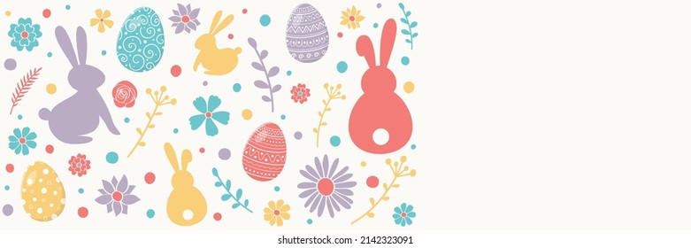 Pancarta de Pascua con huevos de colores, conejillos y flores. Vector