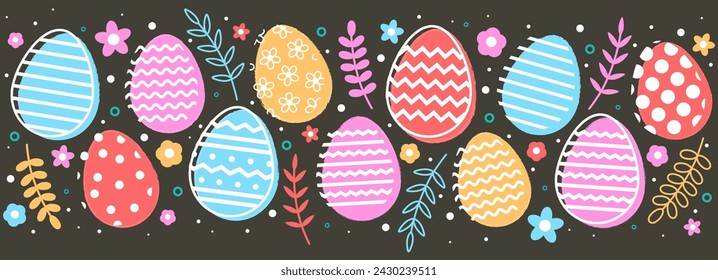 Easter banner with colourful eggs. Modern minimalist style element for a card, poster or invitation. Vector illustration