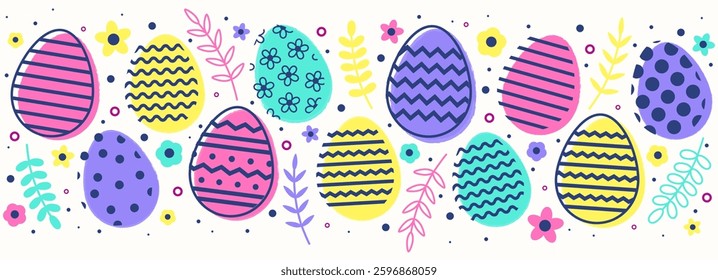 Easter banner with colourful eggs. Modern minimalist style element for a card, poster or invitation. Vector illustration