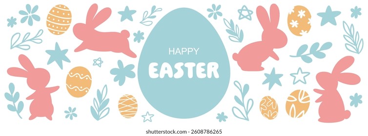 Easter Banner Concept with Bunny and Egg Silhouettes Decorated with Floral Leaf and Star Line Patterns in Pastel Colors Flat Style Vector Illustration