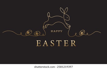 Easter banner concept. Creative gold easter elements on the black background in minimalist style. Design for flyer, greeting card, postcard, voucher. luxure vector illustration drawn one line.