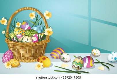 Easter Banner with Copy Space. Woven Basket Filled with Colorful Easter Eggs and Daffodils, Surrounded by Painted Eggs Placed Against a Blue Wall with Window Light. 